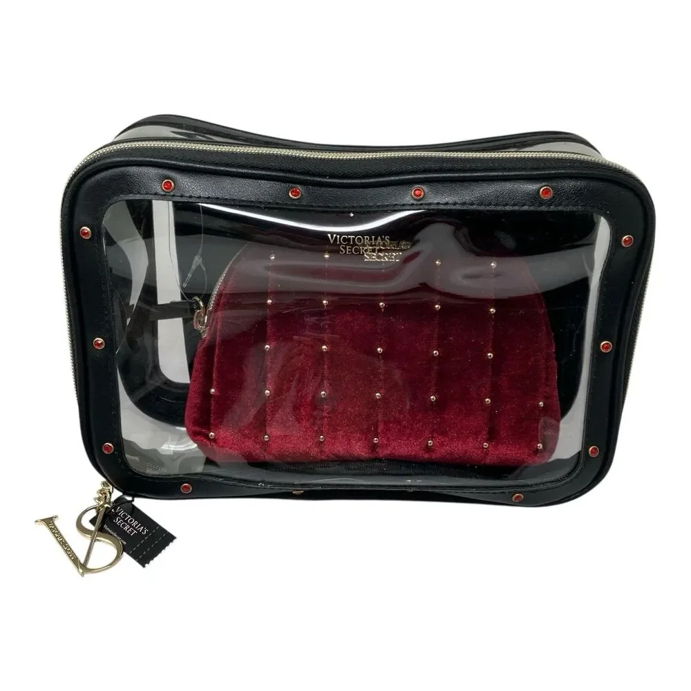 Victorias Secret Makeup Bag Set Velvet Cosmetic Pouches Clear Travel Case Glam